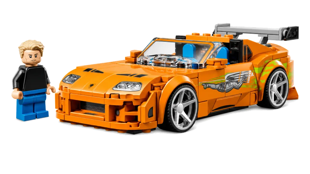 Orange LEGO Toyota Supra MK4 with a driver minifigure