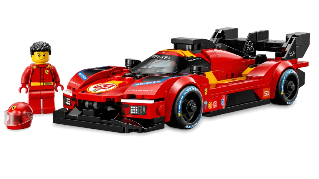 Red LEGO Ferrari 499P race car with a driver minifigure
