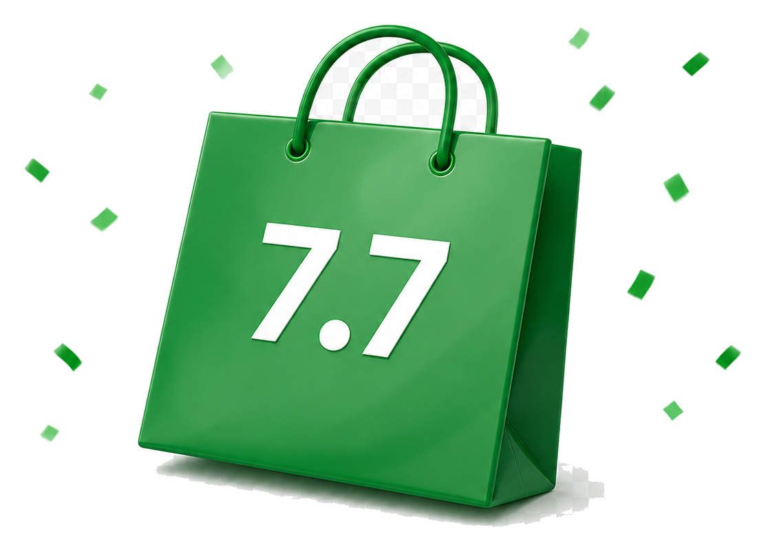 Green shopping bag marked 7.7